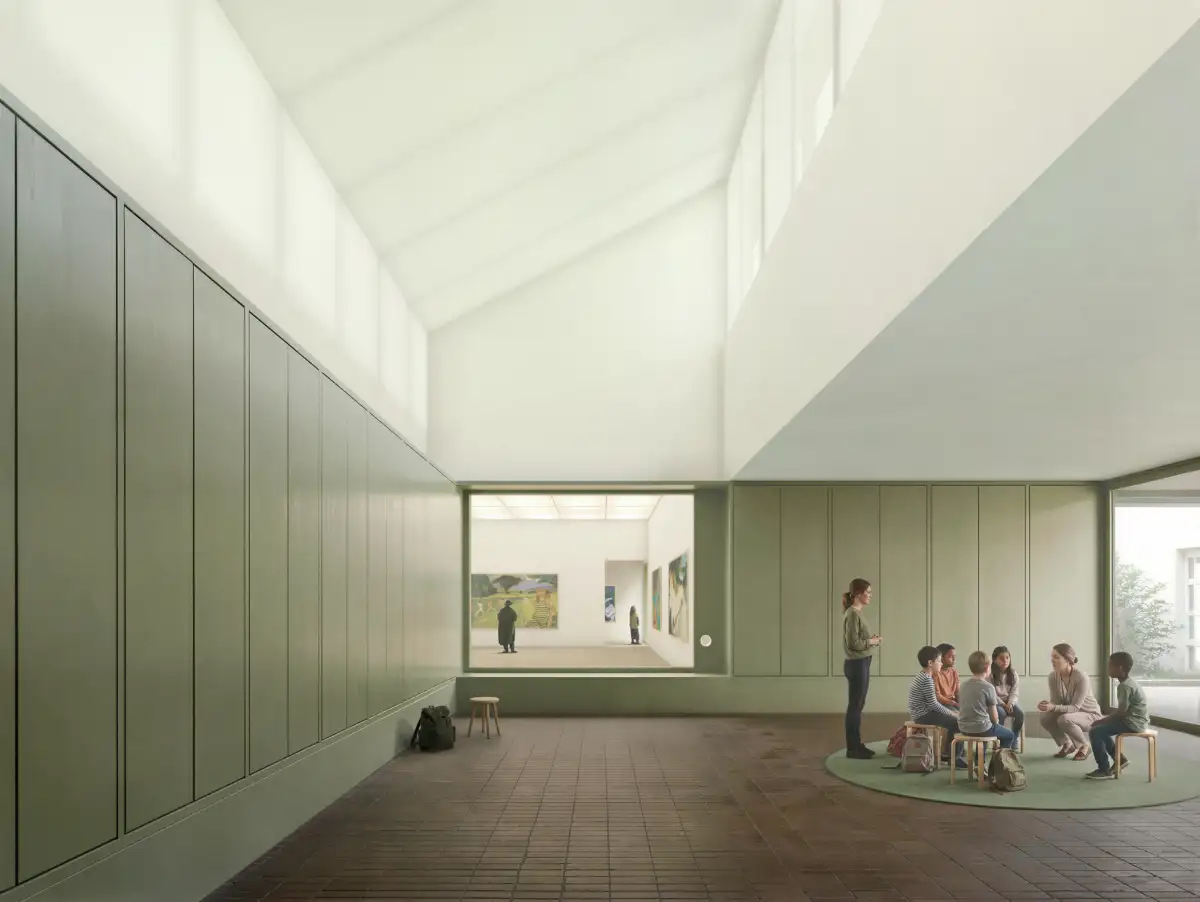 Brücke Museum Rendering eines Ausstellungsraumes, darin zu sehen eine Kunstpädagogin mit einer Grupe Kinder | Studio Salvi Weber ZT GmbH