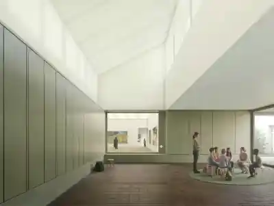 Brücke Museum Rendering eines Ausstellungsraumes, darin zu sehen eine Kunstpädagogin mit einer Grupe Kinder | Studio Salvi Weber ZT GmbH